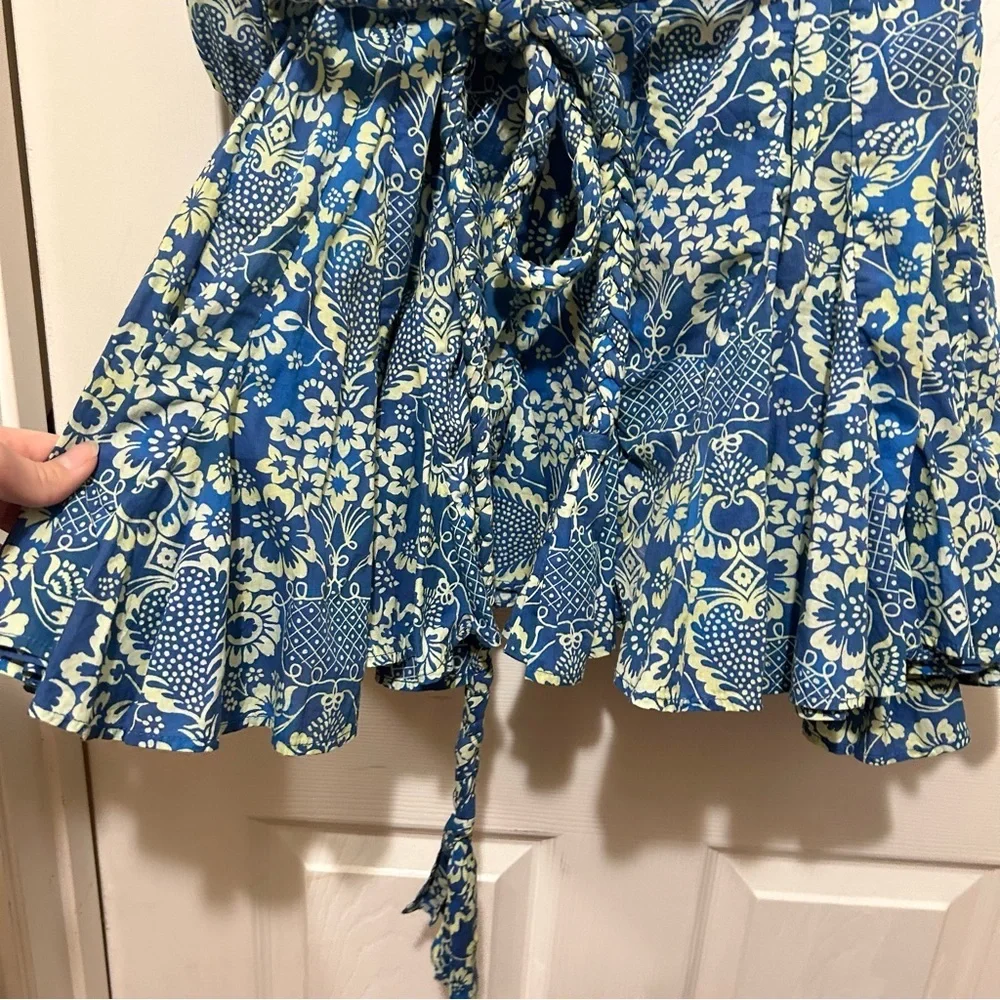 RHODE Floral Print Dress Blue Cream Feminine Ruffle Cotton Beach Vacation Sz Med